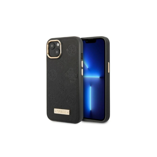 Guess GUHMP13MSAPSTK iPhone 13/14/15 6.1" készülékhez kemény tok Peony Logo Plate MagSafe fekete