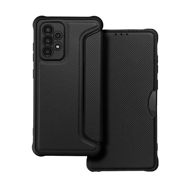 Samsung Galaxy A53 5G SM-A536U, калъф със странично отваряне, ъгъл с въздушна възглавница, кожен ефект, карбонов модел, Razor Book, черен (RS129169)