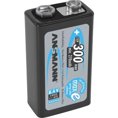 9V akku NiMH 8,4 V 300 mAh, Ansmann maxE 6LR61, HR6F22, HR9V, HR22, 6LR21, 6AM6, 6LP3146, MN1604, E Block (5035453)