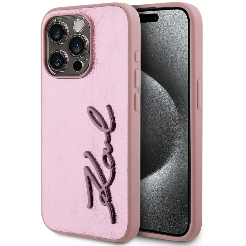 Karl Lagerfeld Wrinkled Signature Logo iPhone 15 Pro rózsaszín PU tok (KLHCP15LPFMFBKMP)