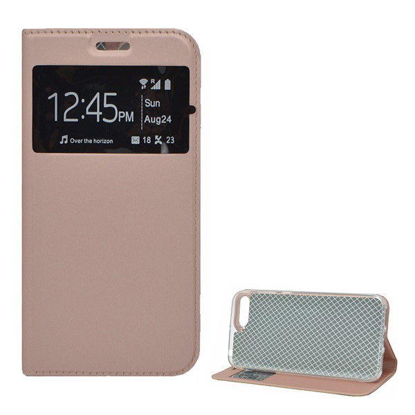 Калъф за телефон RoseGold с кожен ефект (обърнат, страничен отвор, функция за държач за маса, S-View Cover) [Huawei Y6 (2018)]