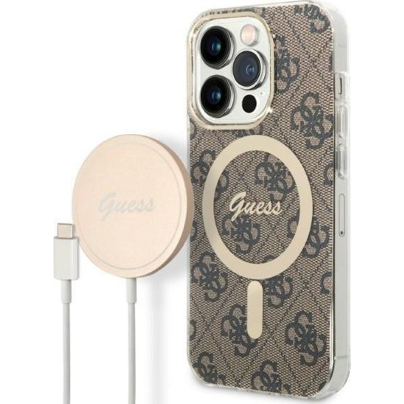 Guess 4G Print MagSafe Apple iPhone 14 Pro hátlap tok, barna + MagSafe töltő