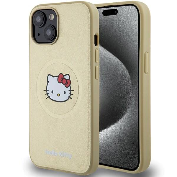 Hello Kitty MagSafe Kitty Head iPhone 15 Keménykeretes bőr telefon tok - Gold (HKHMP15SPGHCKD)