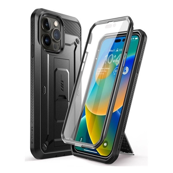 Apple iPhone 14 Pro, пластмасов заден капак + протектор за екран, средна устойчивост на удар, пръстен за държач за телефон, със стойка, може да се прикрепи към колан, SupCase Unicorn Beetle Pro, черен (RS130542)