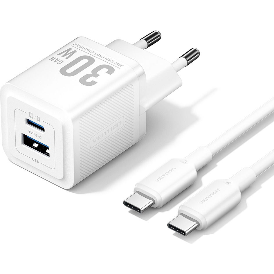 Vention 2-Port USB (C + A) GaN Charger (30W/30W) with USB-C to USB-C Cable (1M) EU-Plug White (TZ-FEQW0-EU-01)