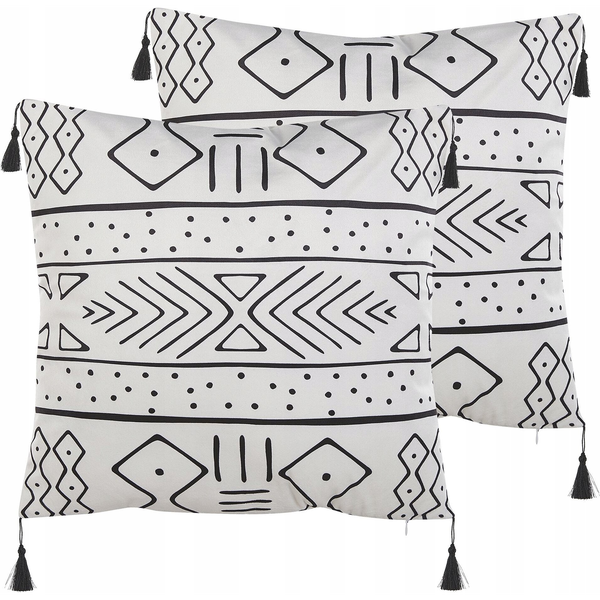 Conjunto De 2 Cojines De Poliéster Blanco Negro Patrón Geométrico Borlas Decorativas 45 X 45 Cm Schefflera - Blanco