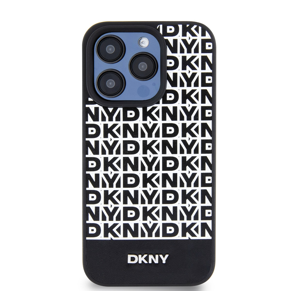DKNY iPhone 12 / 12 Pro MagSafe Ismétlődő mintás alsó csíkos PU Bőr Telefon tok - Fekete (DKHMP12MPSOSPK)