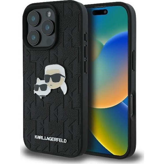 Karl Lagerfeld Monogram Karl&Chaoupette Head Pin iPhone 16 Pro kemény hátlap tok, fekete KLHCP16LPGKLKCPK