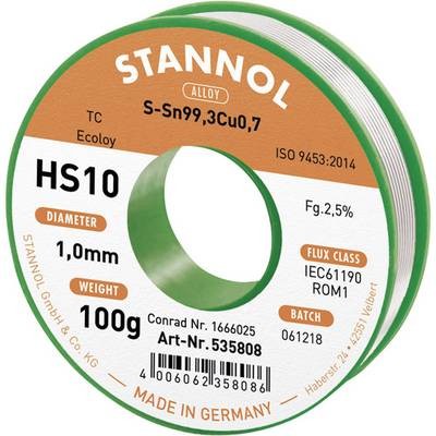Forrasztóón, ólommentes Ólommentes, Tekercs Stannol HS10 2,5% 1,0MM SN99,3CU0,7 CD 100G SN99,3Cu0,7 100 g 1 mm (631906)