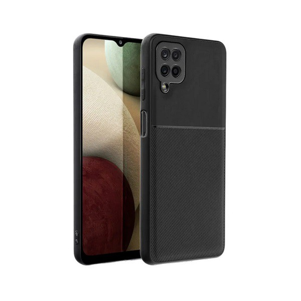 Műanyag telefonvédő (szilikon keret, közepesen ütésálló, beépített fémlemez, bőr hatású hátlap, csíkos minta) FEKETE [Samsung Galaxy A22 4G (SM-A225)]