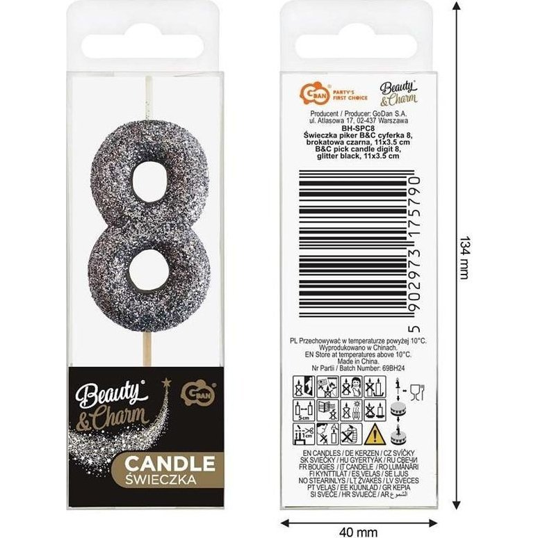 Fekete Glitter Black számgyertya, tortagyertya 8-as (5902973175790)