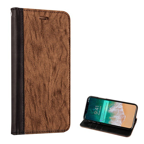 Tok álló, bőr hatású (FLIP, oldalra nyíló, asztali tartó funkció, nyakba akasztható, faerezet minta) BARNA [Apple iPhone XS 5.8] (5996457747009)