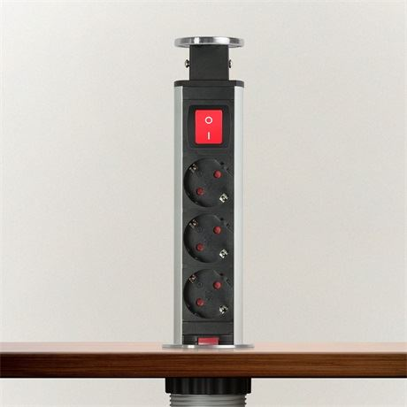 Разклонител за вграждане Delight 20430BSS, Pop-up, 3 гнезда, С ключ, Защита за деца, 250V, 16A, 1.5 м, Блестящо сребрист