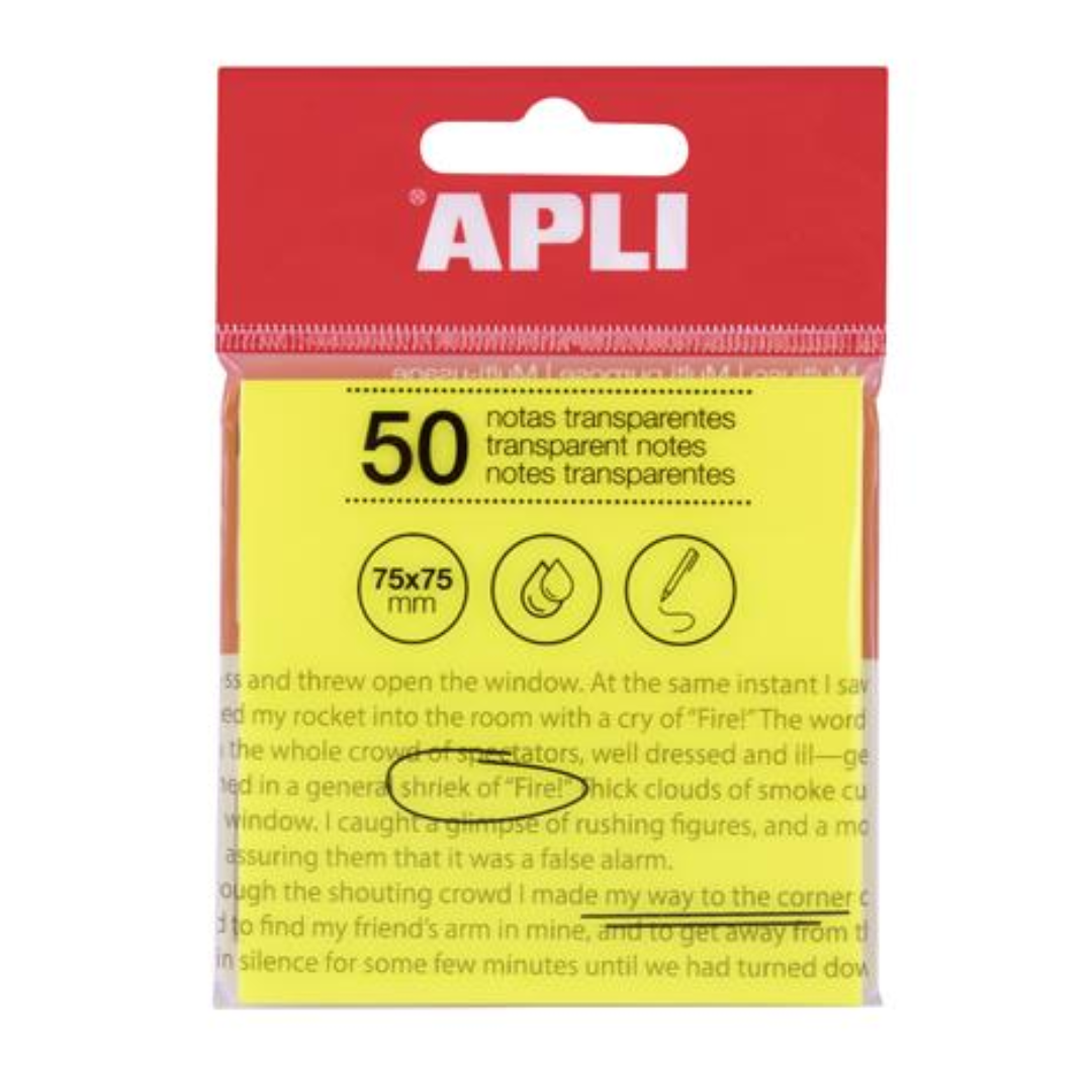 Apli 75x75 mm Átlátszó Öntapadó jegyzettömb - Sárga (50 lap / tömb) (19569)