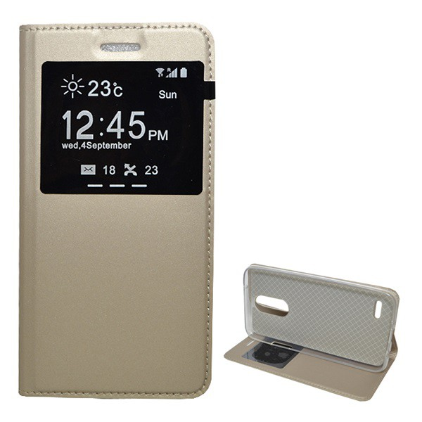 Tok álló, bőr hatású (FLIP, oldalra nyíló, asztali tartó funkció, hívószámkijelzés, Window) ARANY [LG K4 2017 (M160)] (5996457692125)