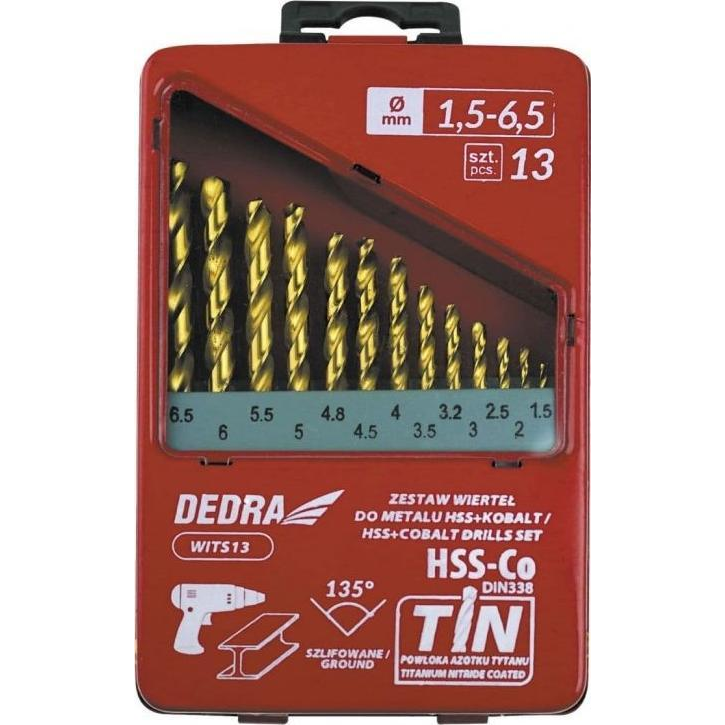 DEDRA WITS13 Fúrószár Készlet - 13 db-os, Fémhez, HSS+Kobalt+TiN, 135°, 1,5-6,5 mm (WITS13)