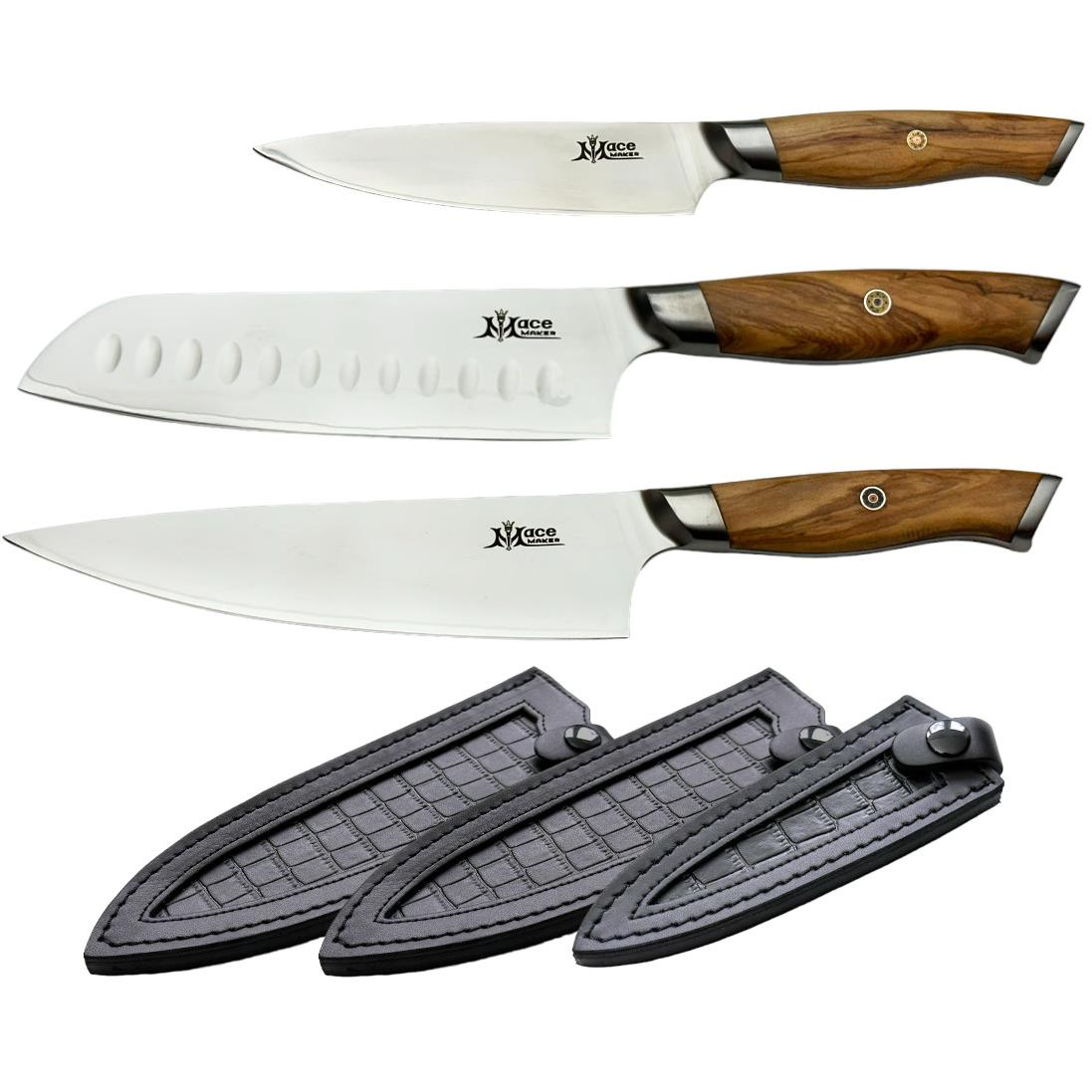 MaceMaker FUJI SanMai Konyhai kés szett bőr tokkal, 3 db (8594176645285)