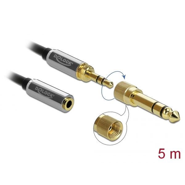 DeLOCK JACK - JACK kábel 5m (3.5mm jack apa - 3.5mm jack anya) csavaros adapterrel