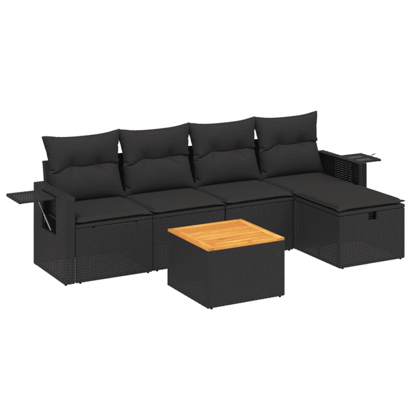 Set mobilier de grădină cu perne, 6 piese, negru, poliratan