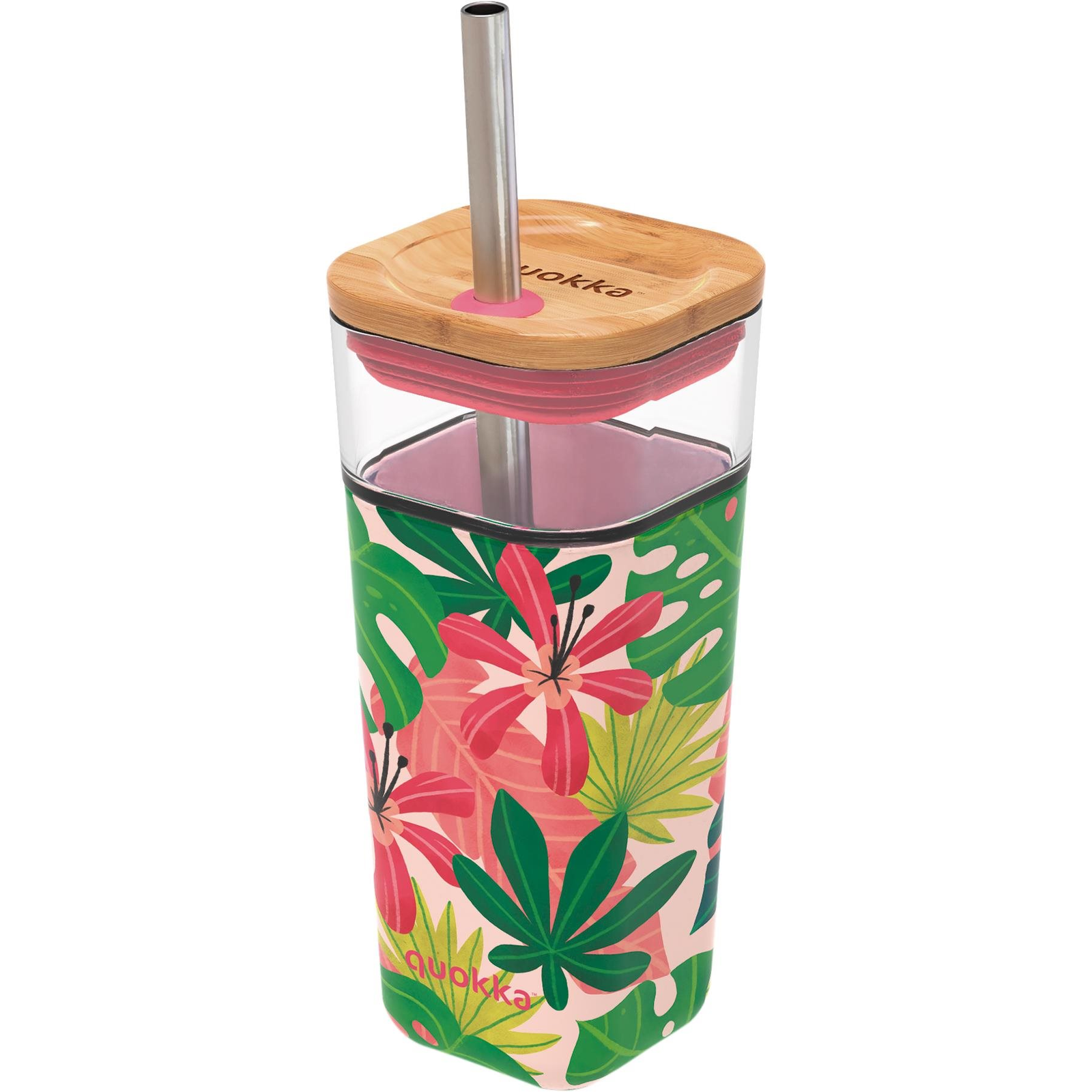 Quokka Liquid Cube Utazóbögre szívószállal, pink jungle flora (8412497400577)