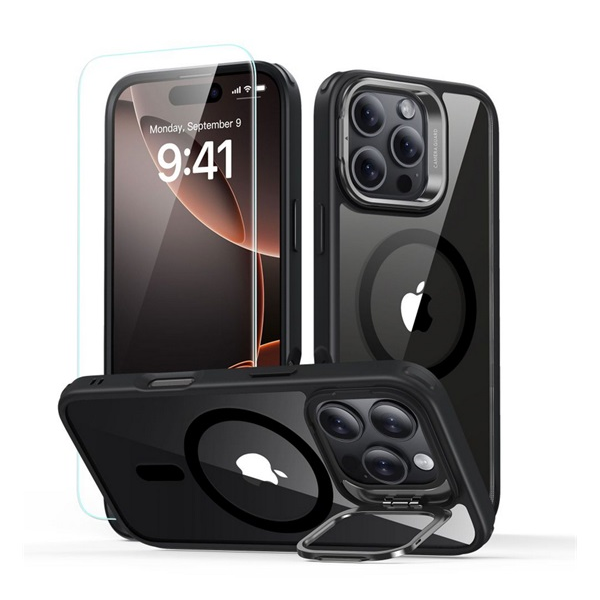 ESR CLASSIC HYBRID szilikon telefonvédő (ütésállóság, légpárnás sarok, kitámasztó, MagSafe + képernyővédő üveg) FEKETE Apple iPhone 16 Pro (GP-163200)