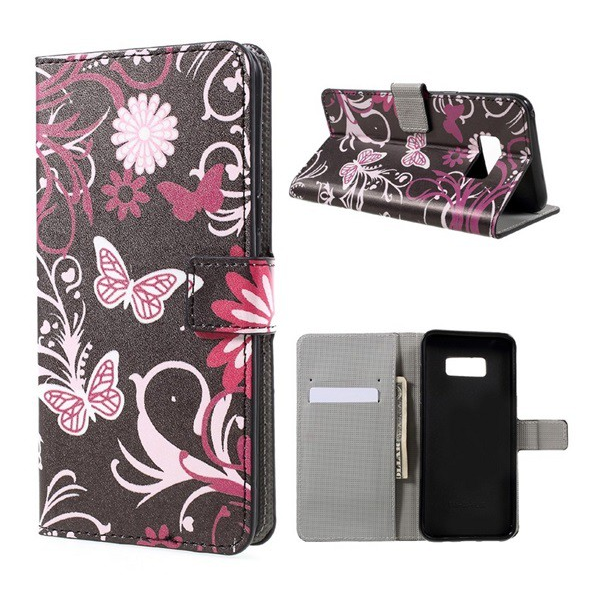 Tok álló, bőr hatású (FLIP, oldalra nyíló, asztali tartó funkció, pillangó, virág minta) FEKETE [Samsung Galaxy S8 Plus (SM-G955)] (5996457692996)