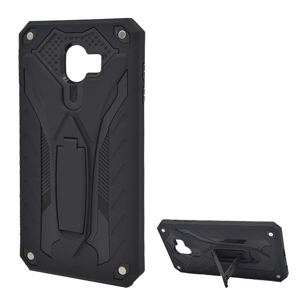 Defender műanyag telefonvédő (közepesen ütésálló, szilikon belső, kitámasztó) FEKETE [Samsung Galaxy J4 (2018) SM-J400F] (5996457788996)