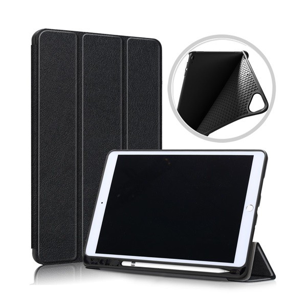 Tok álló, bőr hatású (aktív FLIP, oldalra nyíló, TRIFOLD asztali tartó funkció, Apple Pencil tartó) FEKETE [Apple IPAD 10.2 (2021)] (5996457914647)