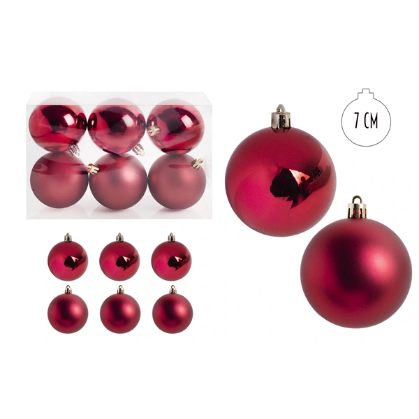 IRIS karácsonyi dísz gömb, szettben, pvc dobozban, 6dbos, piros 7 cm (050436)