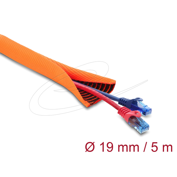 Delock Kábelvédő hüvely fekete kopásfigyelmeztető jelzővel, önzáró, kétrétegű, 5 m x 19 mm, narancssárga