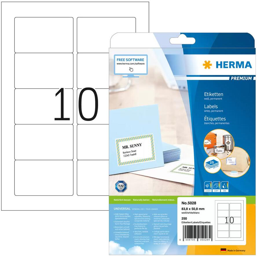HERMA Etiketten Premium A4 weiß 83,8x50,8 mm Papier 250 St. (5028) (5028)