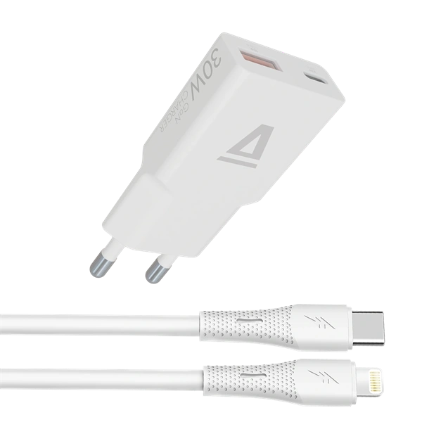 AVAX CH6414 30W GaN töltő és USB-C–Lightning szilikon kábel, fehér (AVAX_CH6414)