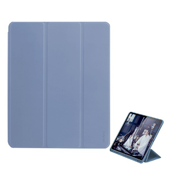 USAMS WINTO tok álló, bőr hatású (aktív FLIP, oldalra nyíló, TRIFOLD asztali tartó funkció, Apple Pen tartó) KÉK [Apple IPAD Pro 12.9 (2020)]