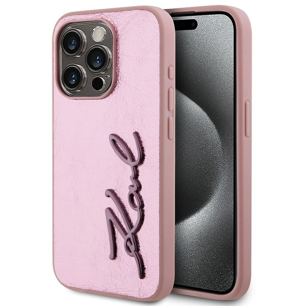 Karl Lagerfeld Wrinkled Signature Logo iPhone 15 Pro Max rózsaszín PU tok (KLHCP15XPFMFBKMP)