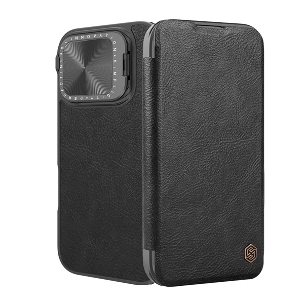 Nillkin QIN PROP tok álló, bőr hatású (FLIP, oldalra nyíló, kártyazseb, kameravédő, kitámasztó) FEKETE Apple iPhone 16 Pro (GP-162709)