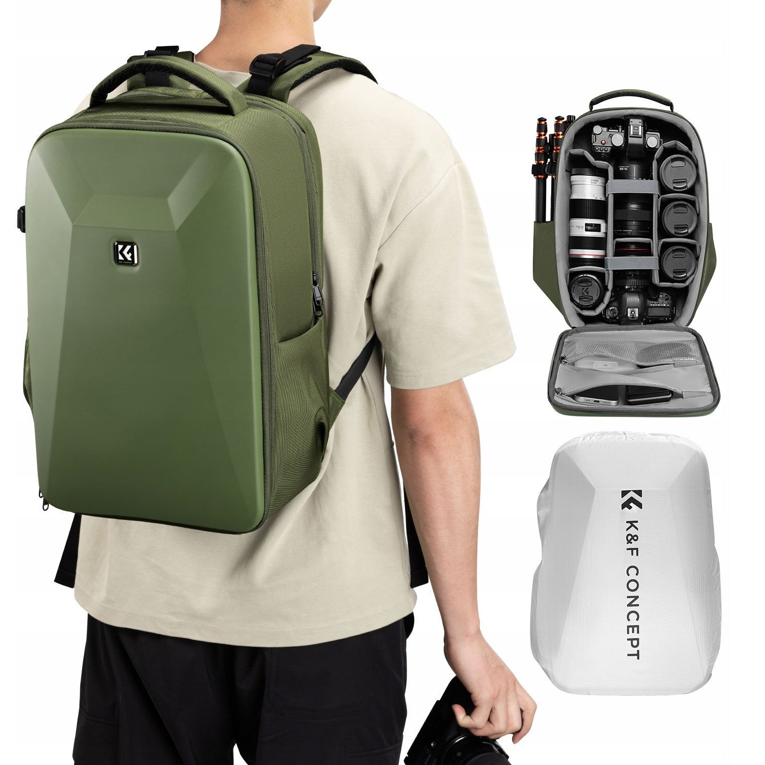 K-F CONCEPT Hardshell professzionális kamera hátizsák 22L 15.6 laptop zseb zöld (KF-13-134V3)