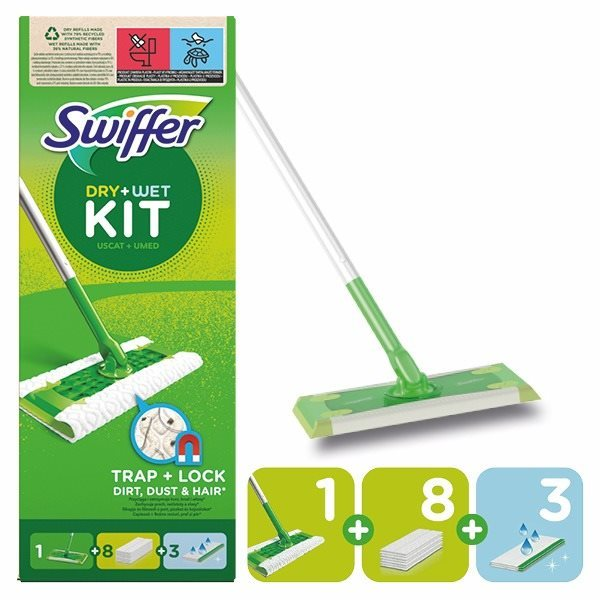 SWIFFER Sweeper padlóápoló induló készlet: 1 nyél, 8 darab Dry, 3 darab nedves törlőkendő (8006540317242)