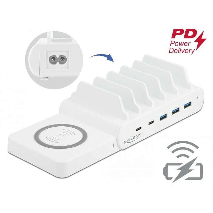 Delock USB és vezeték nélküli töltő 2 db. USB Type-C PD és 3 db. A-típusú USB 110 W-tal (41450) (DE41450)