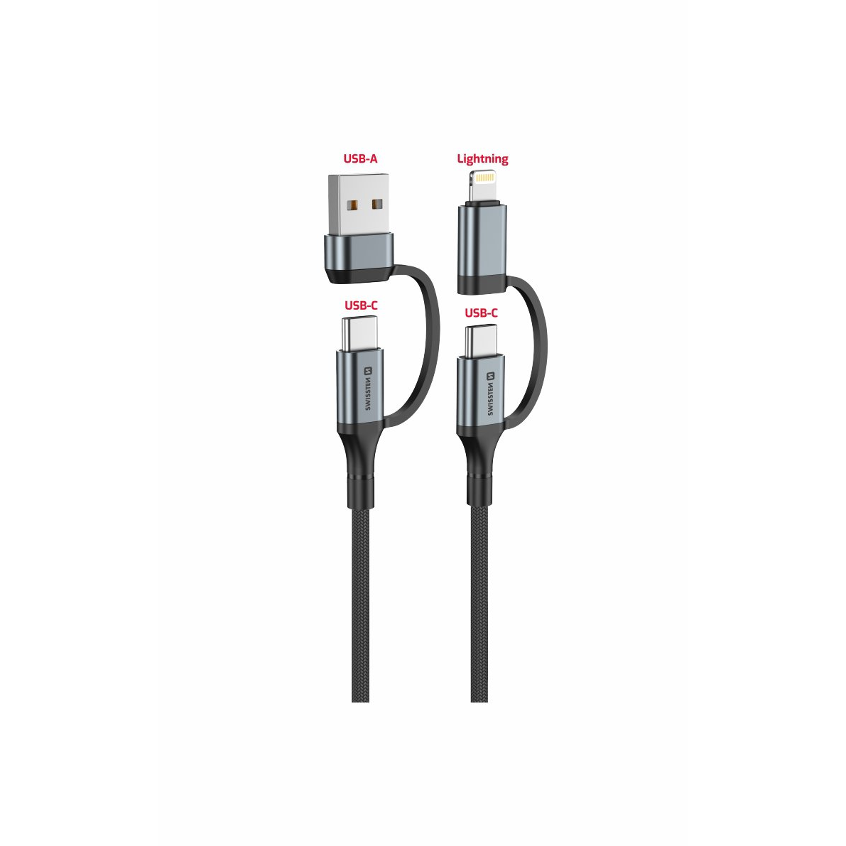 Swissten textilní datový kabel 4in1, 3A 1,5m černý (74501102)
