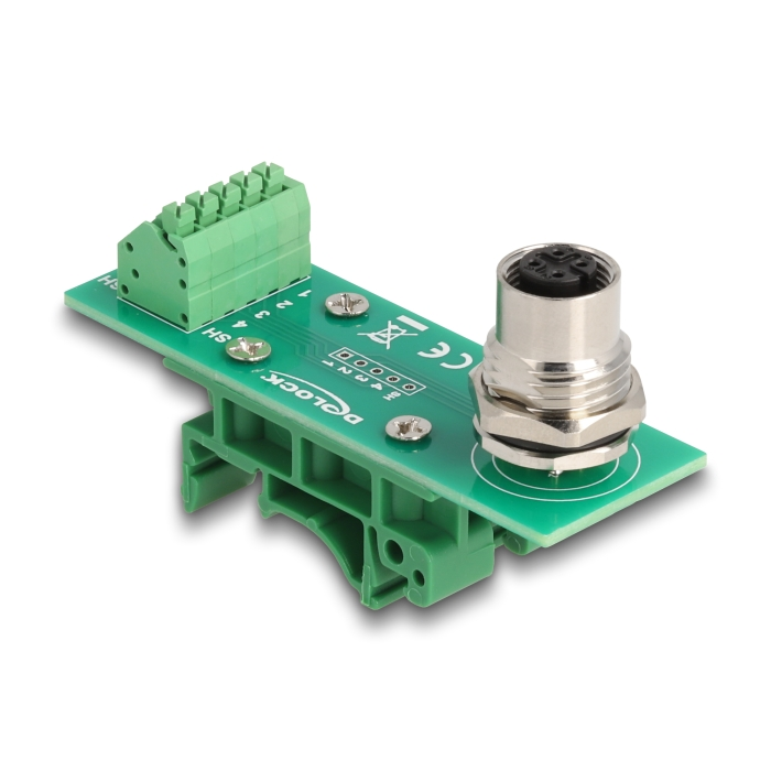 Delock M12 transzfer modul adapter 4 tűs A-kódú anya - 5 tűs sorkapocs DIN sínhez (60658) (60658)