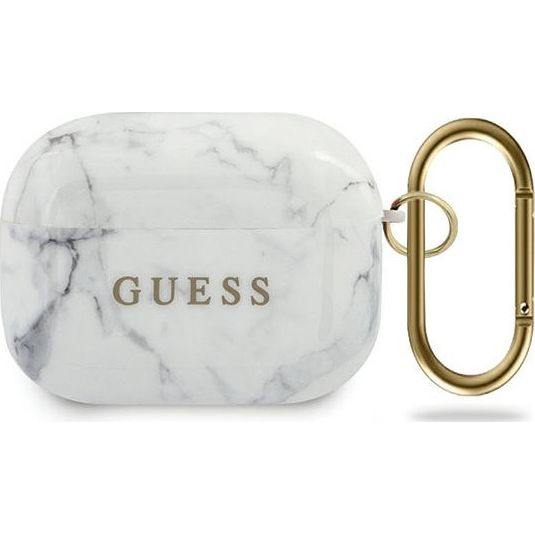 Guess Etui ochronne GUACAPTPUMAWH Marble Collection do AirPods Pro białe 