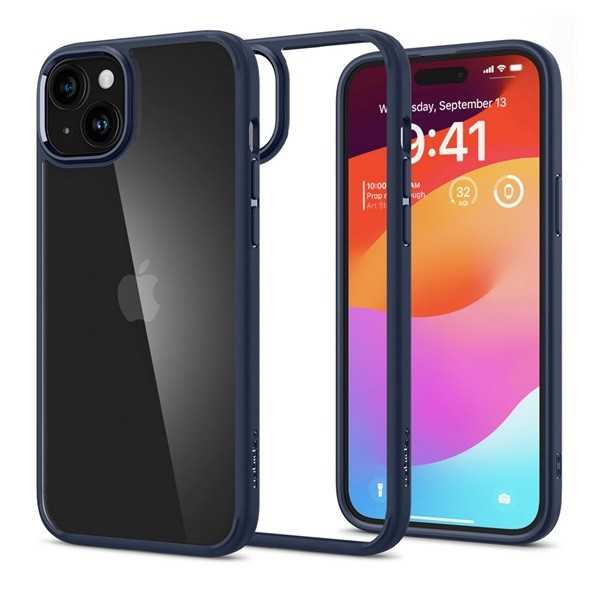 Apple iPhone 15, Műanyag hátlap védőtok + szilikon keret, Spigen Ultra Hybrid, átlátszó/sötétkék (8809896751223)