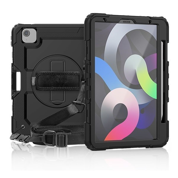 Apple iPad Pro 11 (2020 / 2021 / 2022), Műanyag hátlap védőtok, szilikon belső, kitámasztóval, kézpánt, váll, Műanyag hátlap védőtok, szilikon belső, kitámasztóval, kézpánt, vállpánt, Defender, fekete