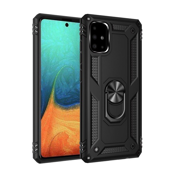 Defender műanyag telefonvédő (közepesen ütésálló, szilikon belső, telefontartó gyűrű, beépített fémlemez) FEKETE [Samsung Galaxy A71 (SM-A715F)]