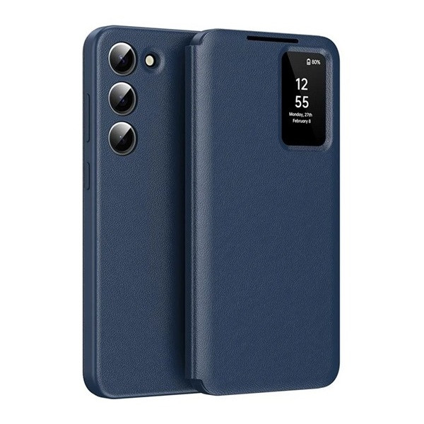 Samsung Galaxy S22 Ultra 5G SM-S908, Oldalra nyíló tok, hívás mutatóval, kártyatartóval, Smart View Cover, sötétkék