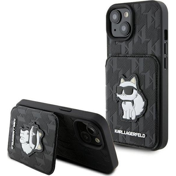 Karl Lagerfeld KLHCP15SSAKCNSCK iPhone 15 6.1" Fekete Keménytok Saffiano Kártyatartóval és Támasztóval Monogram Choupette