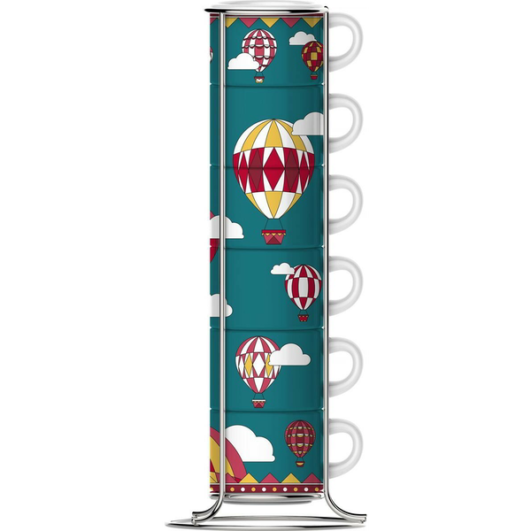 Bialetti Winter Wonderland 60 ml Porcelán Kávés csésze szett állvánnyal 6 darabos - Légballon mintás