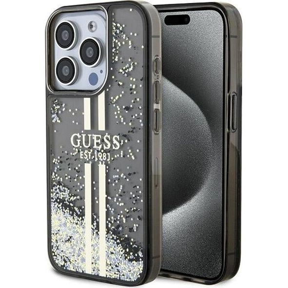 Guess GUHCP15LLFCSEGK iPhone 15 Pro 6.1" Fekete Keménytok Liquid Glitter Gold Stripes