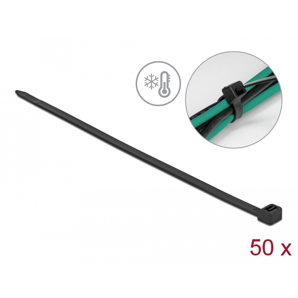 Delock Kábelkötöző ellenáll a hideg hőmérsékletnek hossza 380 x szélessége 7,6 mm, 50 db. Fekete (19228)