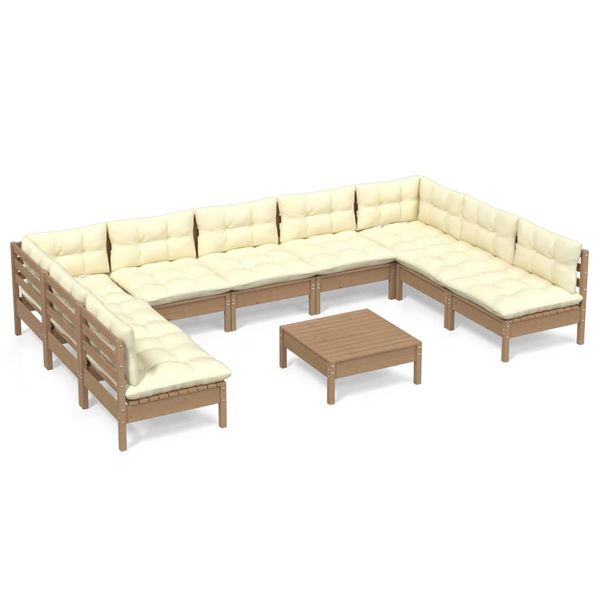 10 részes mézbarna fenyőfa kerti ülőgarnitúra párnákkal